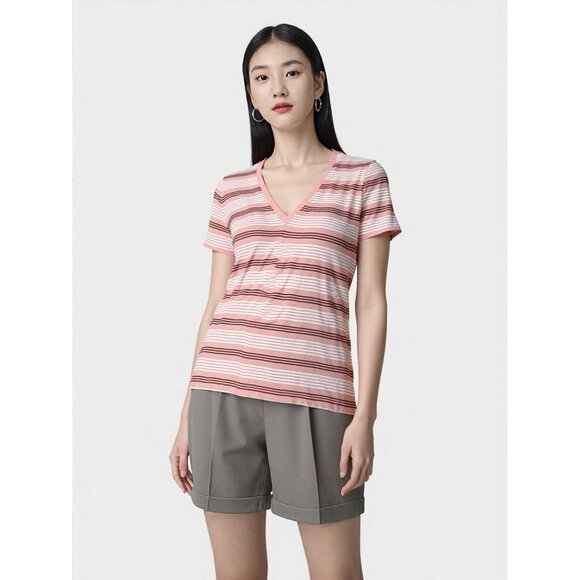 NWT New Madewell Striped V-Neck 100% Cotton Pink T-Shirt Top XS - Picture 2 of 9